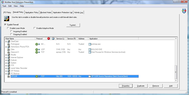 [McAfee Host instrusion]画面
